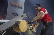 Michal Dubicki of Poland competes in the Stock Saw discipline at the STIHL TIMBERSPORTS® European Trophy in Munich, Germany on July 31, 2021.