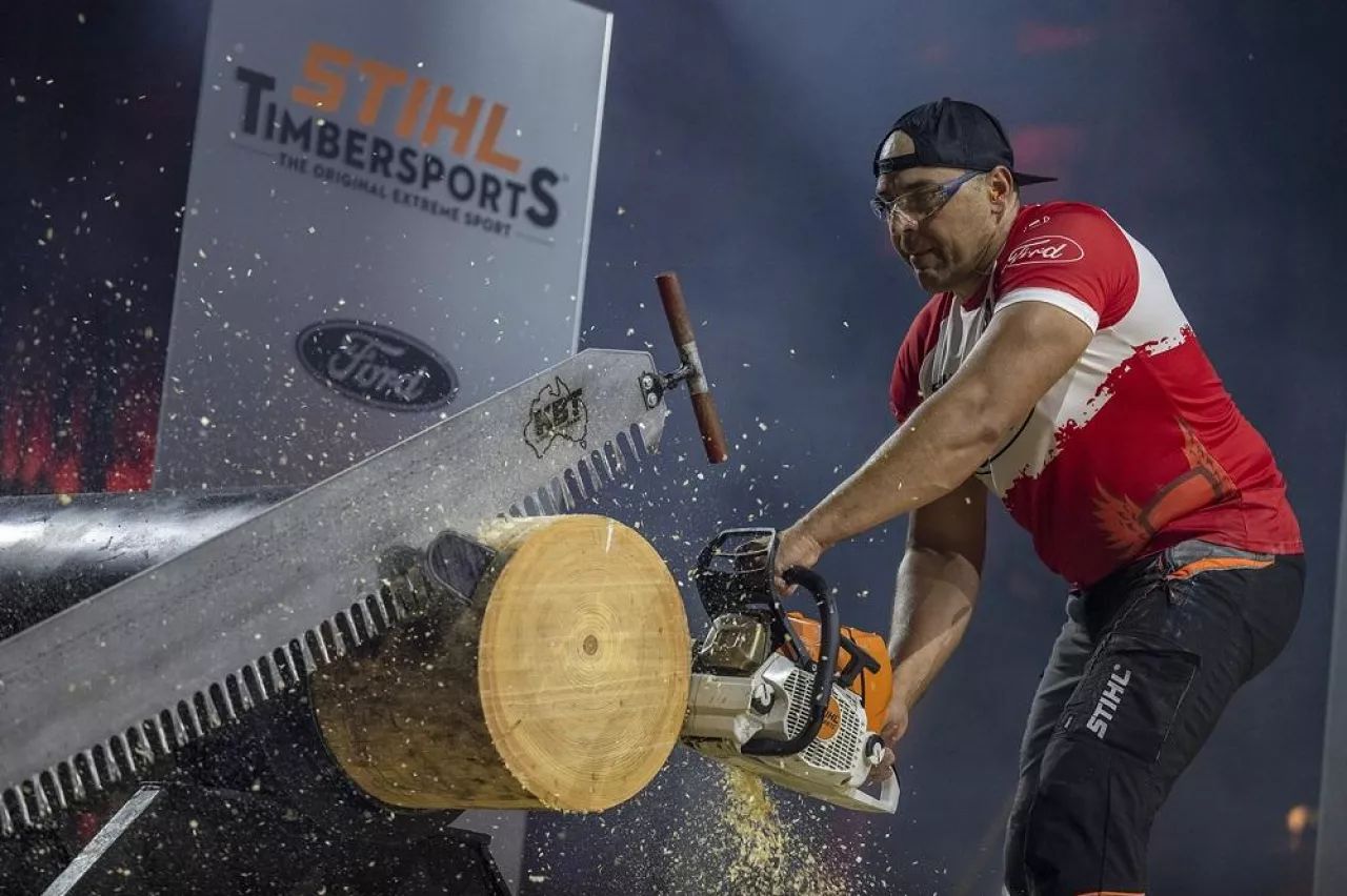 Michal Dubicki of Poland competes in the Stock Saw discipline at the STIHL TIMBERSPORTS® European Trophy in Munich, Germany on July 31, 2021.