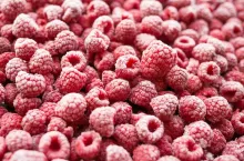 Frozen red raspberries background. Shot at angle