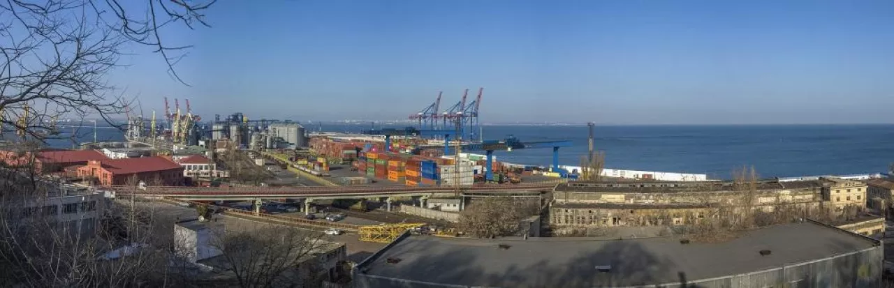 Odessa, Ukraine - 06.14.2019. anoramic view of cargo port and container terminal in Odessa, Ukraine