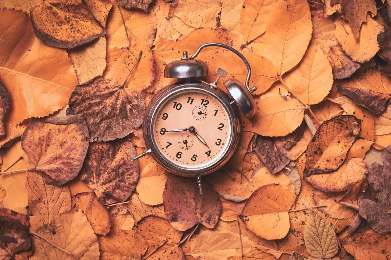 Vintage alarm clock on pile of dry autumn leaves for daylight saving time change in fall, flat lay top view