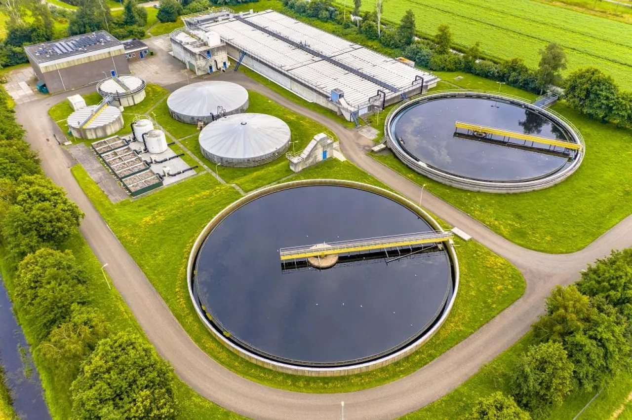 Water treatment plant for sewage waste water purification seen from above, the Netherlands.