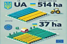 Infografika przedstawiająca porównanie średniej wielkości gospodarstw rolnych: 514 ha dla Ukrainy oraz 37 ha dla Unii Europejskiej.