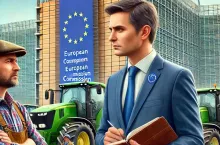 Ilustracja przedstawia urzędnika Unii Europejskiej, który z notesem w ręku słucha rolnika podczas protestu. W tle widoczne są traktory, inni rolnicy oraz budynek Komisji Europejskiej w Brukseli.