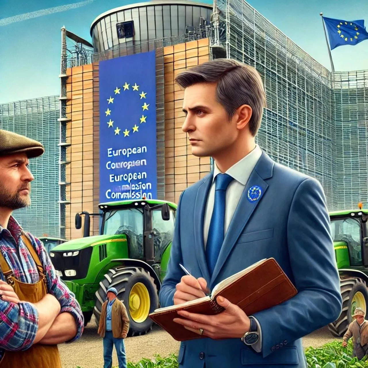 Ilustracja przedstawia urzędnika Unii Europejskiej, który z notesem w ręku słucha rolnika podczas protestu. W tle widoczne są traktory, inni rolnicy oraz budynek Komisji Europejskiej w Brukseli.