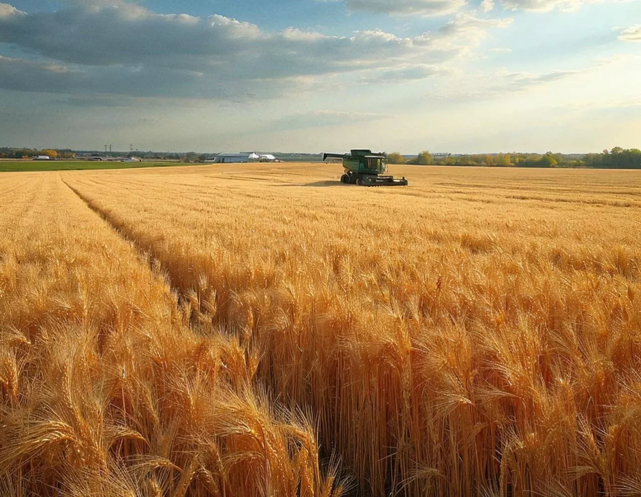 Fotorealistyczny obraz przedstawiający nowoczesny kombajn pracujący na ogromnym polu zbóż w Ukrainie. Symbolizuje potencjał i konkurencyjność rolnictwa Ukrainy oraz wyzwania integracyjne z UE