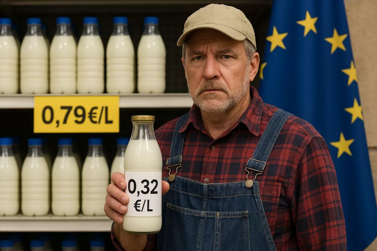 Zdjęcie przedstawia rolnika trzymającego butelkę mleka z ceną 0,32 euro, na tle supermarketu z widoczną flagą Unii Europejskiej i wyświetloną ceną detaliczną 0,79. Symboliczna scena ukazująca przepaść między ceną płaconą rolnikom a ceną detaliczną w handlu, w kontekście debaty o rynku mleka w UE i pozycji rolników w łańcuchu dostaw.