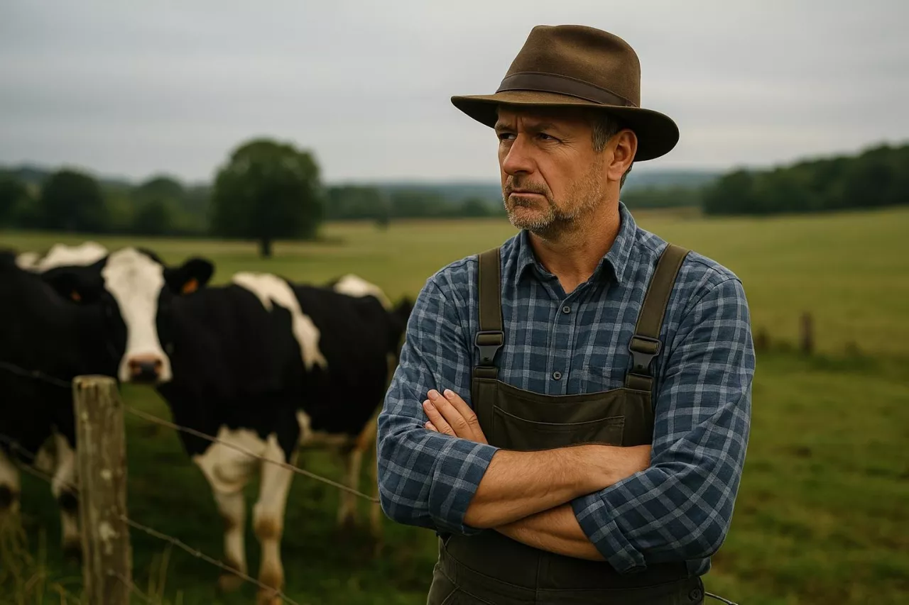 Rolnik w ogrodniczkach stoi na tle pastwiska z krowami, w tle ogrodzenie i pagórkowaty krajobraz