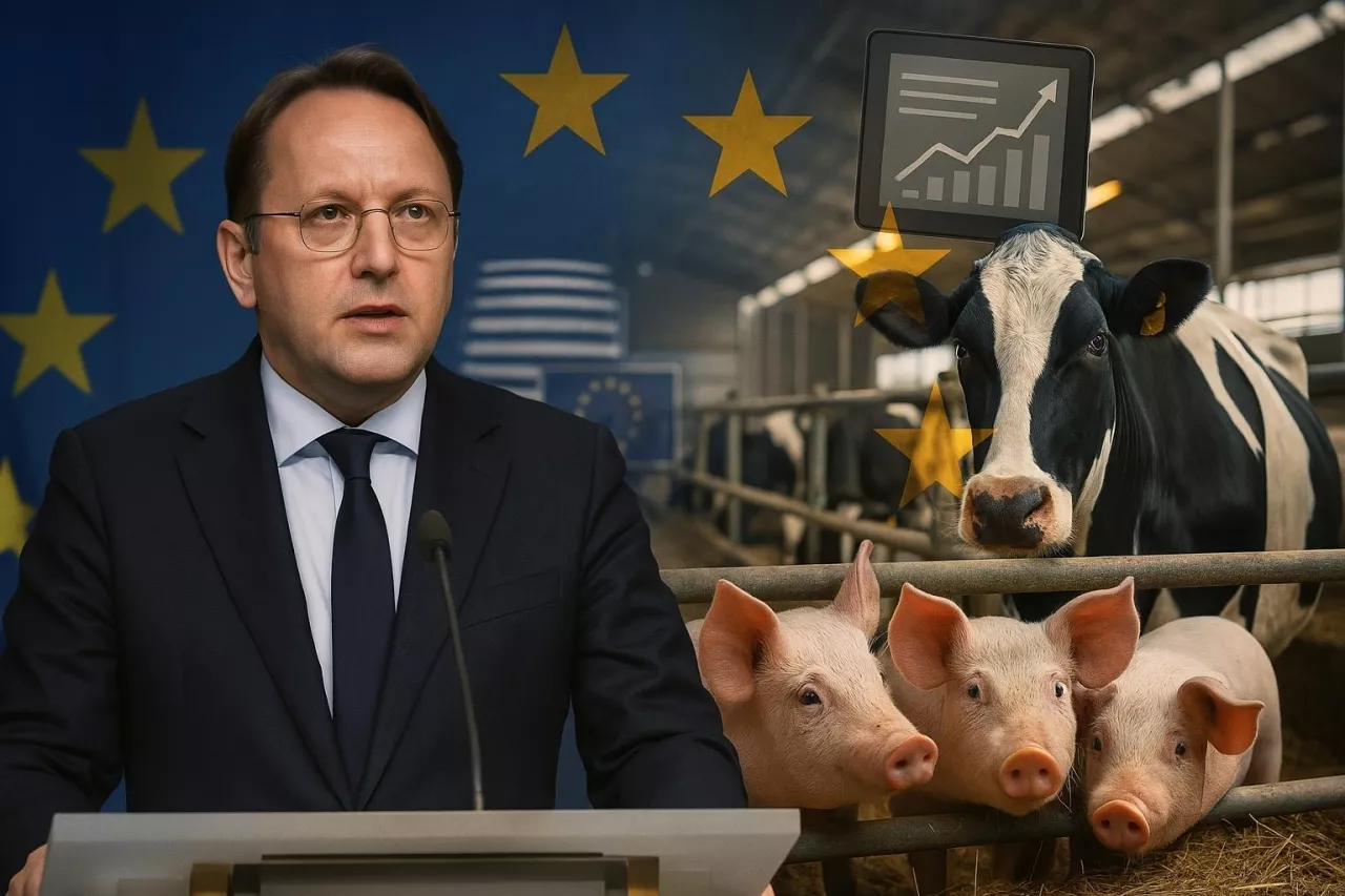 Komisarz UE Olivér Várhelyi na tle flag Unii Europejskiej. Obok nowoczesna hodowla zwierząt. Symbol debaty o nowych przepisach dotyczących dobrostanu.