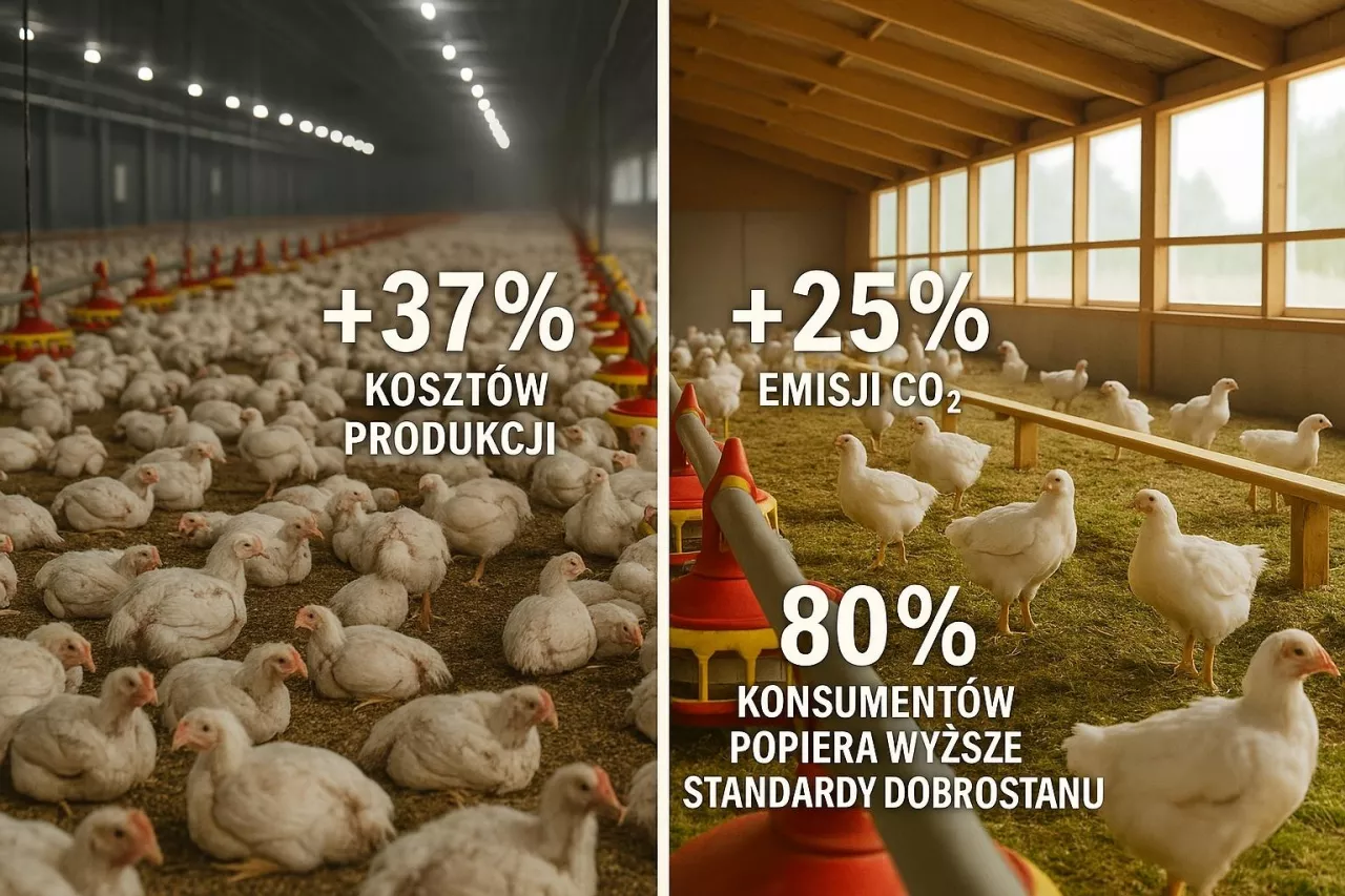 Fotorealistyczna ilustracja porównawcza ukazująca dwa modele chowu drobiu: intensywny system przemysłowy i system z wyższymi standardami dobrostanu, z zaznaczeniem skutków ekonomicznych i środowiskowych. Obraz towarzyszy debacie o przyszłości unijnego prawa.