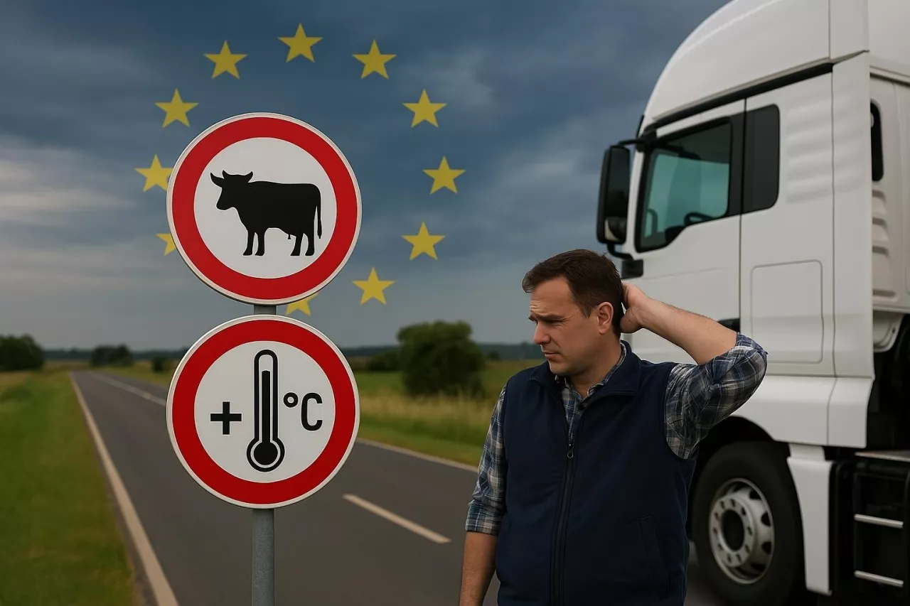 Fotorealistyczna ilustracja przedstawiająca kierowcę ciężarówki, który zafrasowany spogląda na dwa znaki drogowe – zakaz przewozu zwierząt i ograniczenie temperatury. Scena rozgrywa się na wiejskiej drodze, w tle widoczna flaga UE. Obraz symbolizuje wątpliwości i trudności przewoźników związane z nowymi unijnymi przepisami dotyczącymi transportu żywych zwierząt.