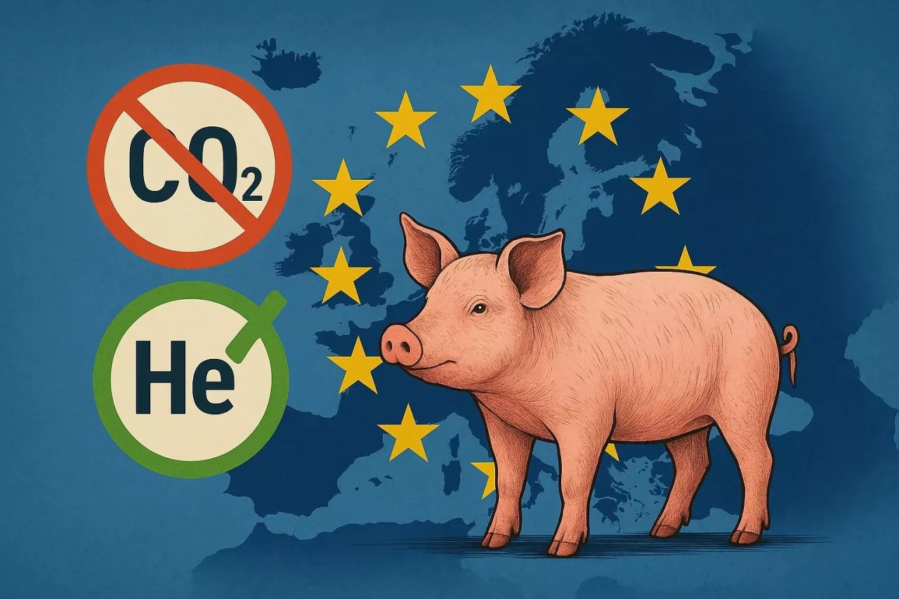 Ilustracja przedstawia sylwetkę świni oraz symbole gazów: przekreślony CO₂ i zaakceptowany hel – na tle mapy Europy i gwiazd Unii Europejskiej. Obraz symbolizuje poszukiwanie nowych metod ogłuszania świń w ramach projektu PigStun.
