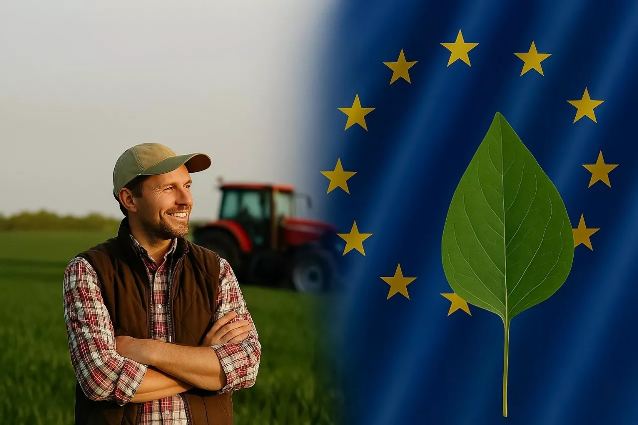 Polski rolnik uśmiechnięty na tle pola i flagi Unii Europejskiej z zielonym liściem – symbol zielonej transformacji w europejskim rolnictwie