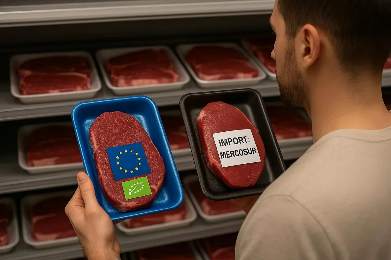 Klient w sklepie spożywczym trzyma dwa opakowania steków – jedno z certyfikatem dobrostanu UE, drugie z napisem ”import: Mercosur”, bez oznaczeń jakościowych. Ilustracja kontrastu między unijnym a południowoamerykańskim standardem produkcji wołowiny.