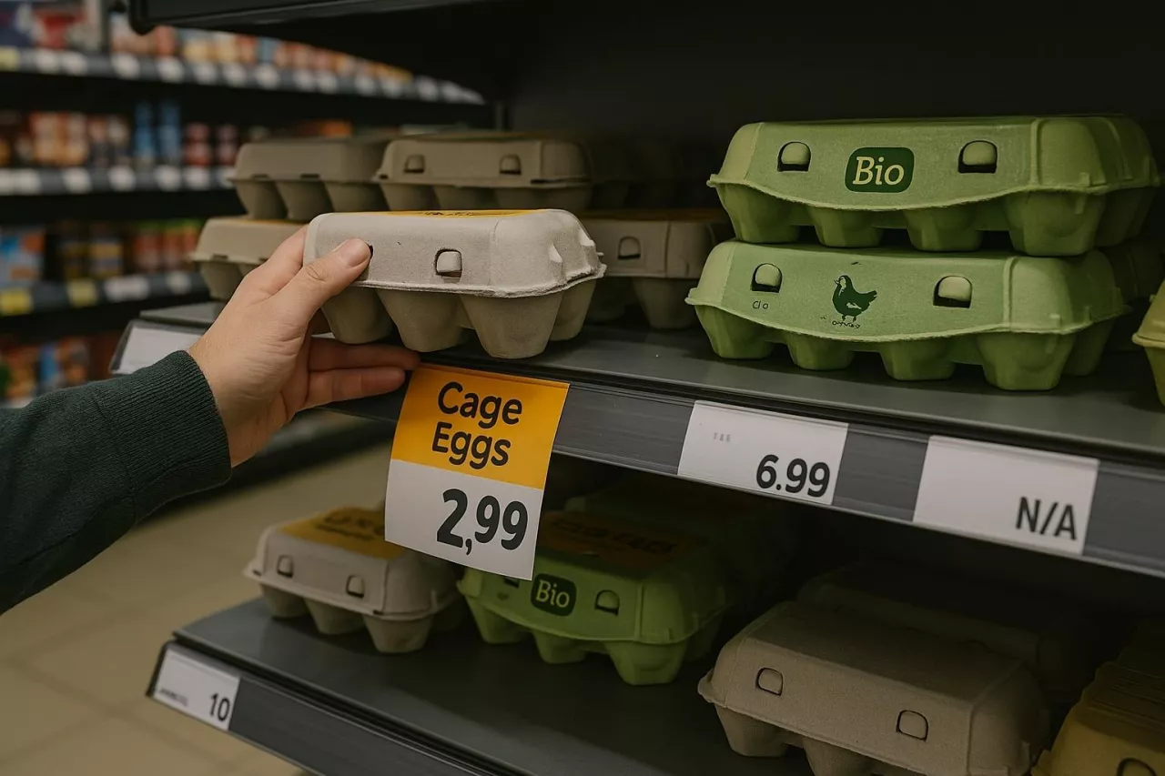 Zdjęcie przedstawia klienta supermarketu, który wybiera najtańsze jajka z chowu klatkowego. Obok widoczne są droższe jajka z chowu ekologicznego i wolnowybiegowego. Ilustracja pokazuje rozbieżność między deklaracjami społecznymi a realnymi decyzjami zakupowymi.