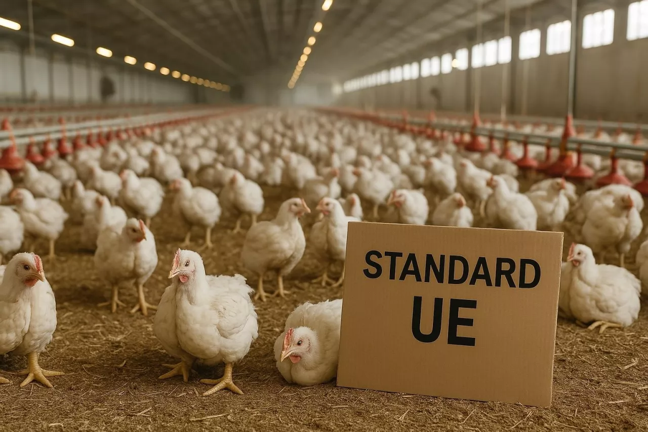 Wnętrze przemysłowego kurnika z brojlerami utrzymywanymi zgodnie ze standardami UE – ilustracja do debaty o dobrostanie, zagęszczeniu i przyszłości chowu drobiu w Europie