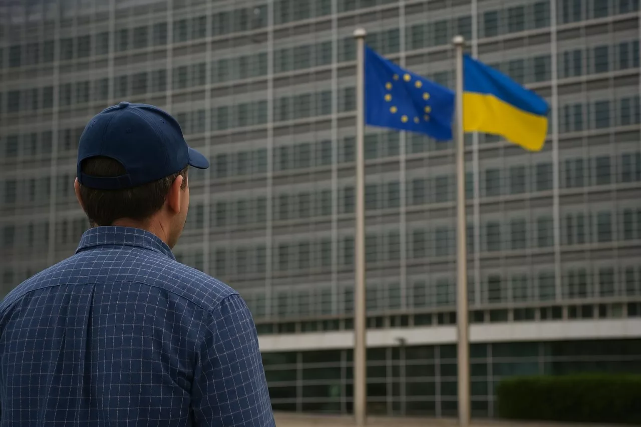 Rolnik z czapką z daszkiem patrzy w stronę budynku Komisji Europejskiej z widocznymi flagami Unii Europejskiej i Ukrainy. Obraz symbolizuje brak informacji na temat rozmów handlowych dotyczących produktów rolnych.