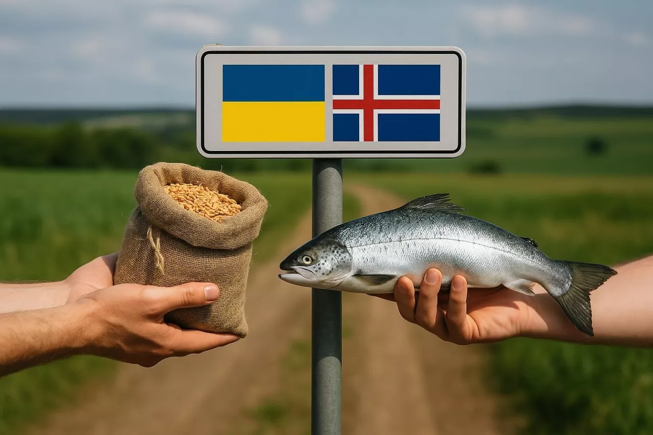 Fotorealistyczna scena przedstawiająca dwie ręce wymieniające towary przez granicę – jedna oferuje worek zboża, druga świeżego łososia. W tle widoczna betonowa bariera z flagami Ukrainy i Islandii oraz wiejski krajobraz. Ilustracja symbolizuje wymianę handlową między Ukrainą a krajami EFTA, ze szczególnym uwzględnieniem zniesienia ceł na produkty rolne.