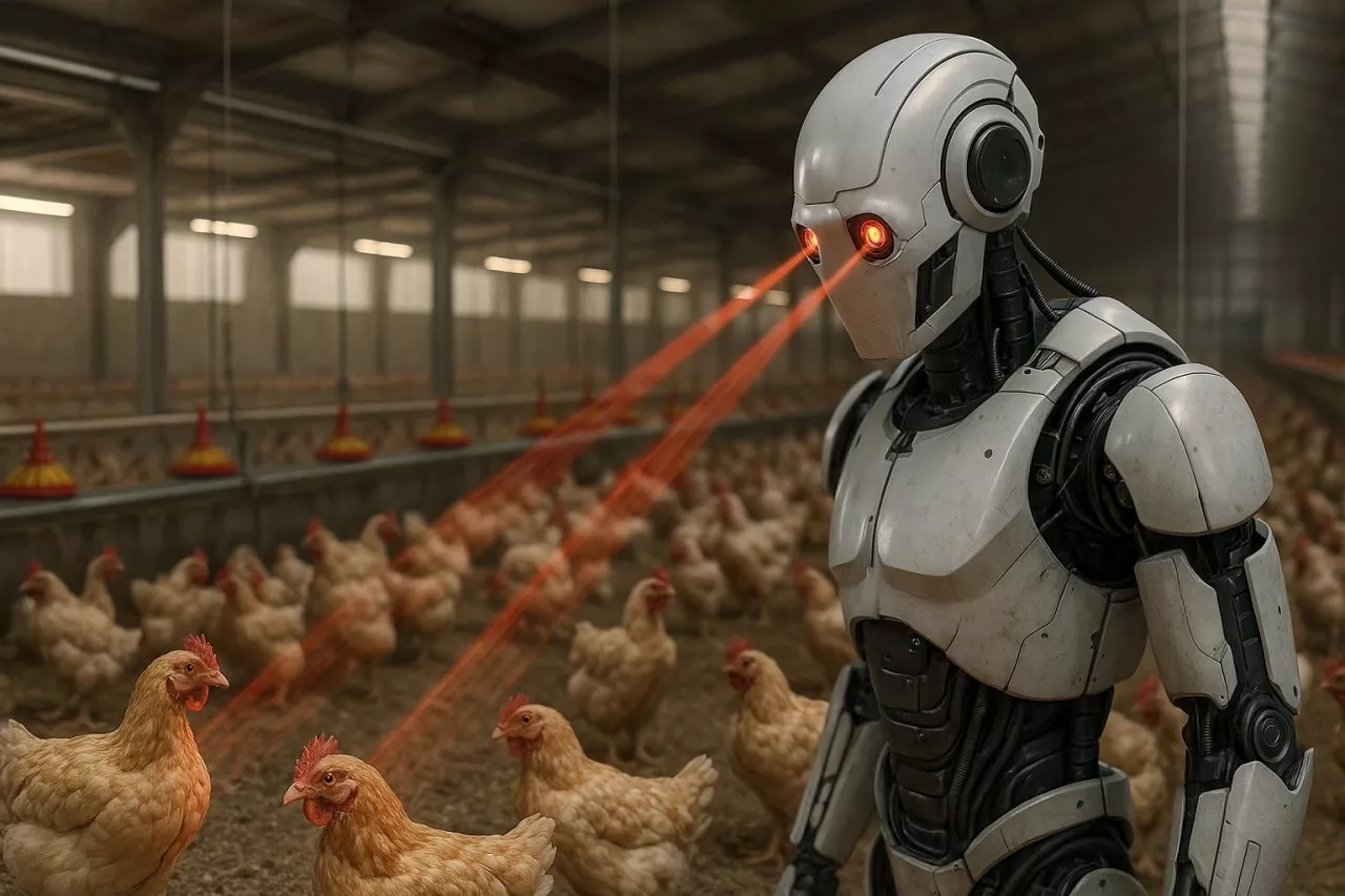 Humanoidalny robot wykorzystujący technologię laserową do monitorowania kur na fermie – wizja cyfrowego nadzoru nad dobrostanem zwierząt
