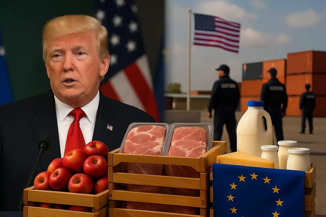 Fotorealistyczna kompozycja przedstawia Donalda Trumpa przemawiającego z powagą na tle flag USA i UE, z przodu skrzynki pełne produktów rolnych z Unii – jabłka, mięso, mleko, ser. W tle amerykańskie służby celne na terminalu kontenerowym. Kompozycja obrazuje napięcia handlowe na osi USA–UE.