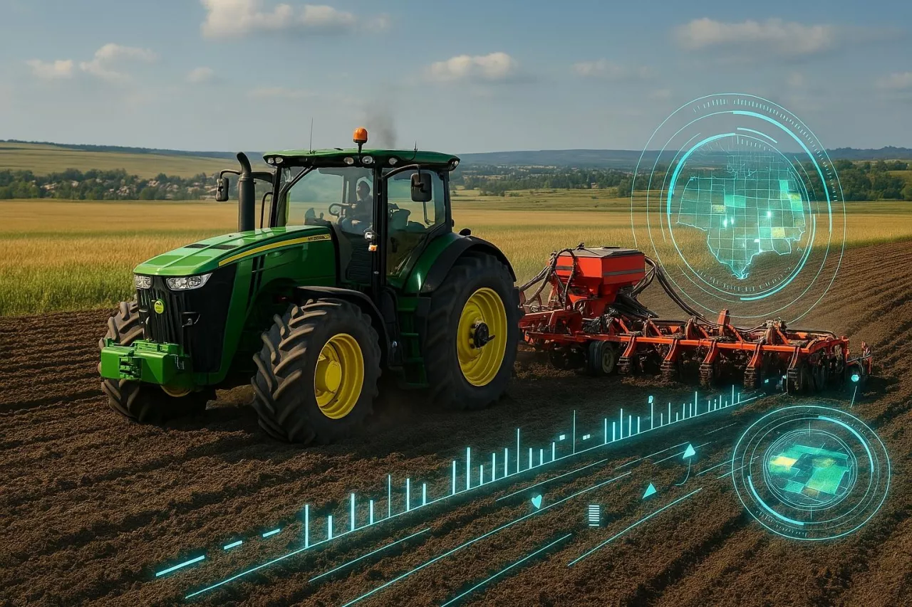 Nowoczesne rolnictwo precyzyjne w praktyce: ciągnik John Deere z pasowym aplikatorem nawozów pracuje na polu w regionie o krajobrazie typowym dla Ukrainy. Grafika ilustruje cyfryzację i profesjonalizację gospodarstw średniej wielkości, takich jak Astra, stosujących strip-till i dokumentację wszystkich zabiegów.