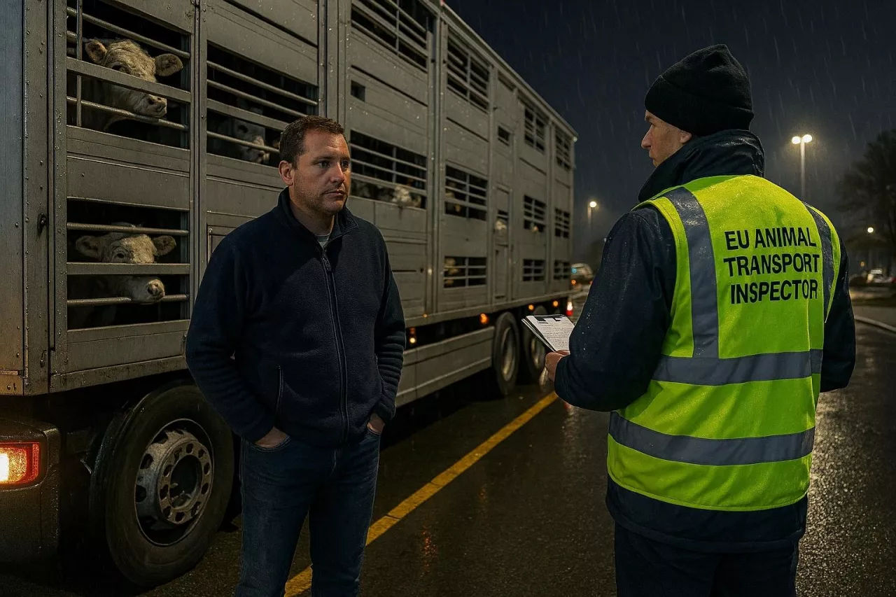Nocna scena na parkingu dla ciężarówek. Inspektor UE ds. transportu zwierząt kontroluje dokumenty kierowcy przy pojeździe przewożącym żywe zwierzęta. Zdjęcie symbolizuje działania instytucji UE w reakcji na raport EPRS o nieprawidłowościach w transporcie zwierząt.