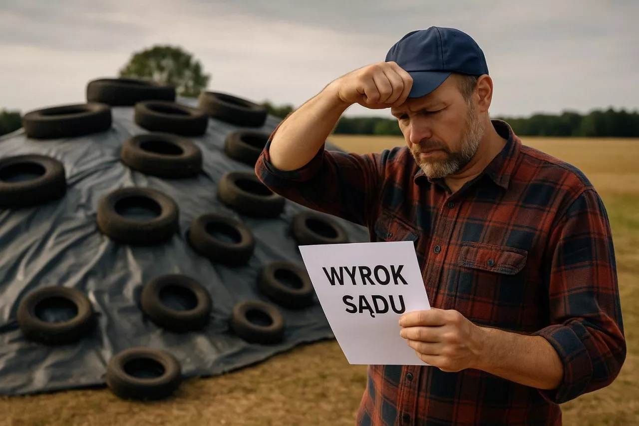 Fotorealistyczna ilustracja przedstawiająca rolnika stojącego przy dużej pryzmie kiszonkowej zabezpieczonej oponami. Mężczyzna zafrasowany czyta kartkę z napisem ”Wyrok sądu” i przeciera czoło. Obraz oddaje konflikt między rolniczą praktyką a przepisami dotyczącymi przetwarzania odpadów. Tło stanowi otwarty wiejski krajobraz z polami i lekkim zachmurzeniem.