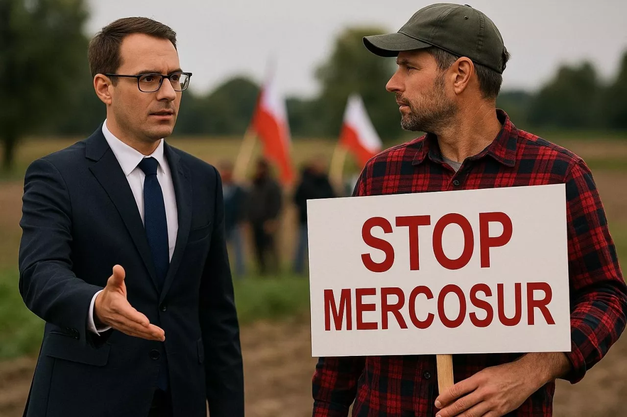 Na zdjęciu rolnik z transparentem ”STOP MERCOSUR” odwraca się od urzędnika wyciągającego do niego rękę. W tle widoczni są inni protestujący z biało-czerwonymi flagami. Scena symbolizuje brak zainteresowania rolników pracą w zespołach roboczych mimo wcześniejszych postulatów.