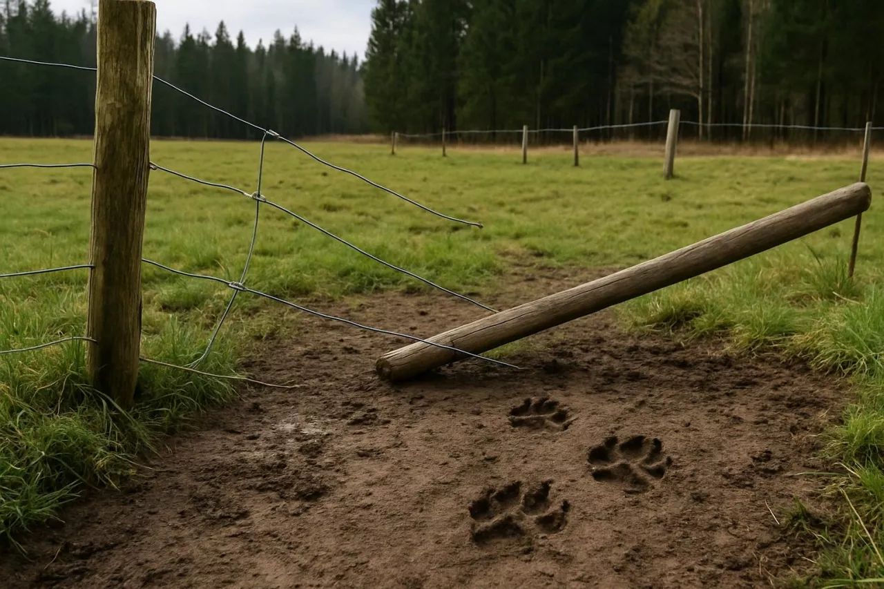 Fotorealistyczna ilustracja przedstawiająca zerwane ogrodzenie na wiejskim pastwisku, ślady wilka odciśnięte w błocie oraz las w tle. Obraz symbolizuje rosnące napięcia wokół populacji wilków w Europie i ich wpływu na gospodarkę rolną.