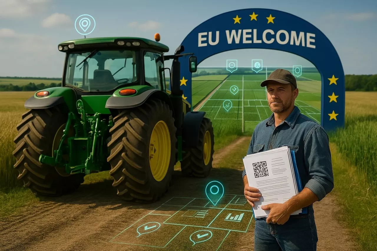 Fotorealistyczna ilustracja przedstawia ukraińskiego rolnika stojącego obok nowoczesnego ciągnika ustawionego przodem do bramy z napisem ”EU welcome” i symbolami Unii Europejskiej. Rolnik trzyma plik dokumentów, na tle pszenicznego pola. Za bramą – działki, cyfrowe ikony inspekcji i kontroli – symbol ”cyfrowego agrobiznesu” i europejskiego ładu. Grafika ukazuje symboliczny moment wejścia ukraińskiego rolnictwa w unijny system.