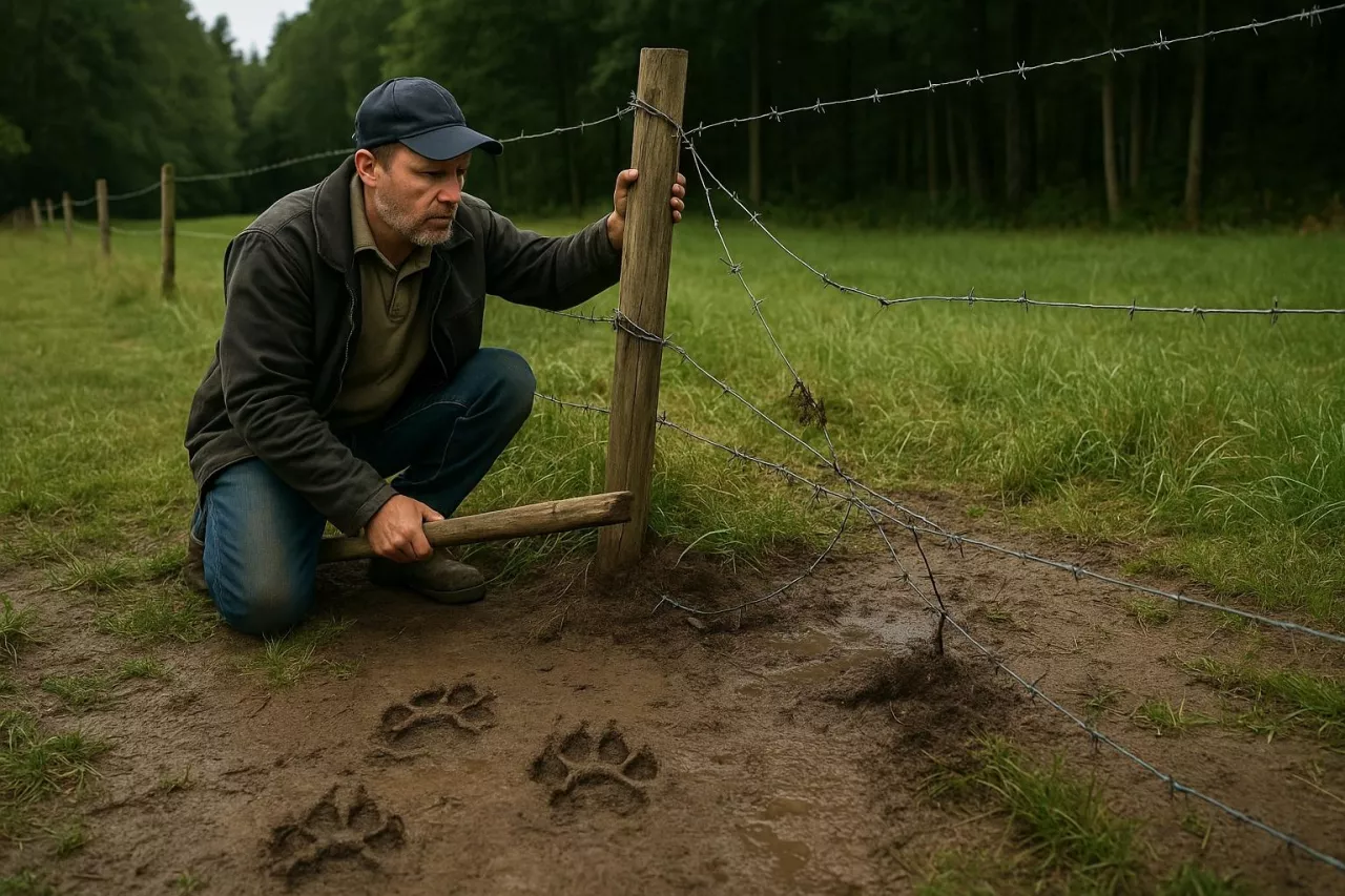 Fotorealistyczna scena z pastwiska na skraju lasu. Rolnik sprawdza uszkodzone ogrodzenie z przerwanym drutem kolczastym. W błocie widoczne są wyraźne ślady wilczych łap. Ujęcie symbolizuje realne problemy, z jakimi mierzą się gospodarze w obliczu rosnącej populacji wilków.