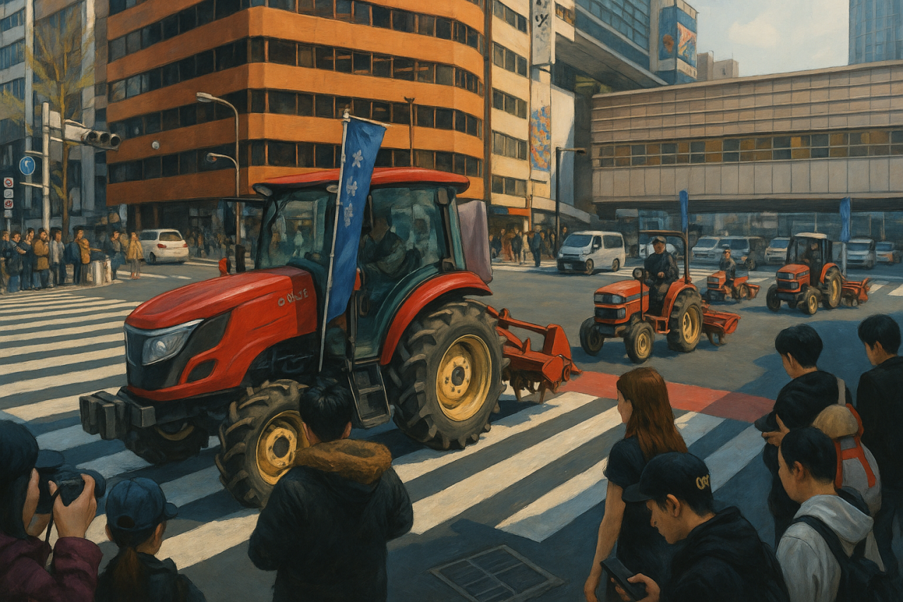 Ciągniki rolnicze przejeżdżające przez miasto w ramach protestu rolników w Japonii