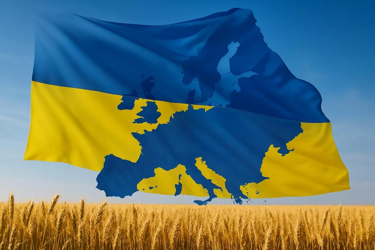 Flaga Ukrainy z naniesionym konturem geograficznym Europy, powiewająca nad dojrzałym polem pszenicy. Niebiesko-żółte barwy flagi oraz kłosie zboża na pierwszym planie nawiązują do symboliki narodowej Ukrainy i jej roli w rolnictwie europejskim.