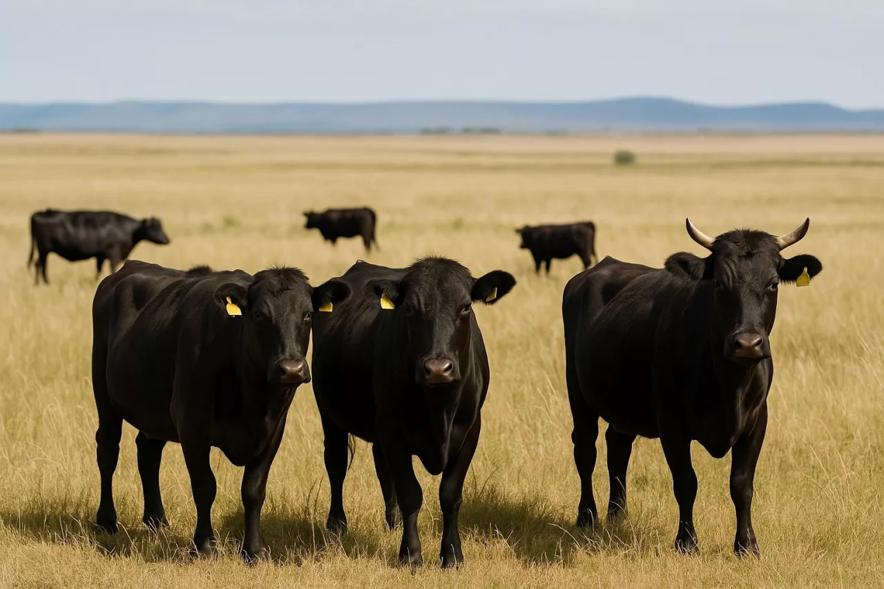 Krowy rasy Japanese Black, hodowane na argentyńskiej pampie. Rasa ta, wywodząca się z Japonii, słynie z produkcji wołowiny Wagyu o wyjątkowej jakości.