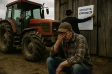 Zdjęcie przedstawia rolnika załamanego obok ciągnika, podczas gdy komornik wywiesza ogłoszenie o egzekucji na drzwiach stodoły. Obraz symbolizuje dramat tysięcy polskich gospodarstw zagrożonych bankructwem i utratą majątku.