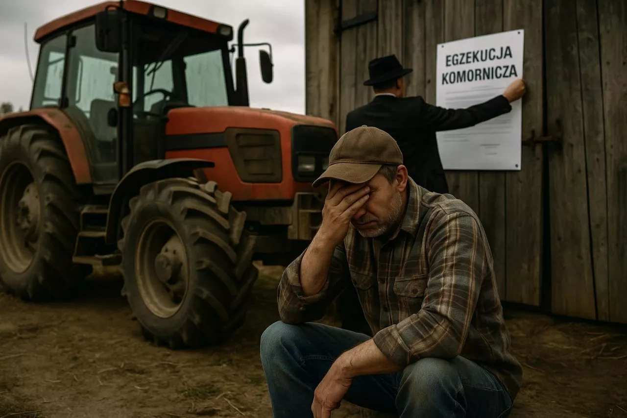 Zdjęcie przedstawia rolnika załamanego obok ciągnika, podczas gdy komornik wywiesza ogłoszenie o egzekucji na drzwiach stodoły. Obraz symbolizuje dramat tysięcy polskich gospodarstw zagrożonych bankructwem i utratą majątku.