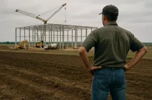 Fotorealistyczna scena przedstawiająca rolnika stojącego na skraju pola, patrzącego na plac budowy dużego magazynu logistycznego. W tle widoczne są stalowe ramy konstrukcji, dźwigi i betoniarka. Obraz ukazuje konflikt między użytkowaniem ziemi rolniczej a rozwojem infrastruktury.