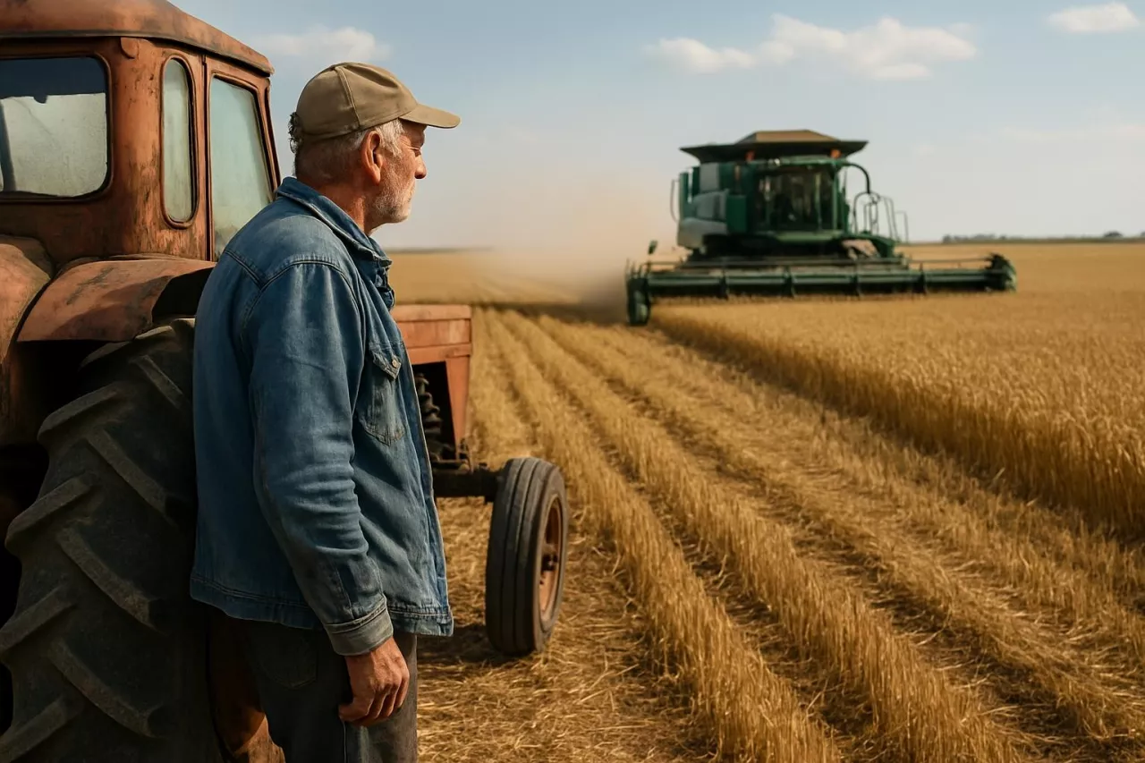 Starszy rolnik w roboczym ubraniu stoi przy starym ciągniku i patrzy na nowoczesny kombajn pracujący na dużym polu zboża. Ilustracja przedstawia realia współczesnego rolnictwa wielkoobszarowego i zanik małych gospodarstw.