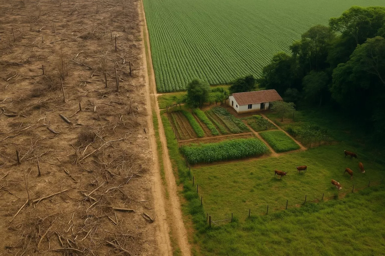 Fotorealistyczna ilustracja pokazująca kontrast między wykarczowanym lasem i monokulturowym polem a małym brazylijskim gospodarstwem rodzinnym. Obraz symbolizuje skutki modelu agroeksportowego promowanego przez umowę UE–Mercosur, przed którym ostrzegają sami brazylijscy rolnicy.