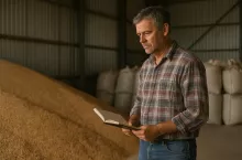 Europejski rolnik uprawiający zboża stoi w pełnym magazynie, patrząc z rezygnacją na niesprzedaną pszenicę. W ręku trzyma otwarty notes. Zdjęcie symbolizuje kryzys na rynku zbóż w Unii Europejskiej.