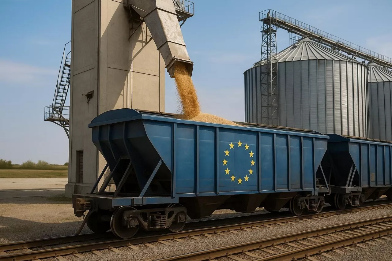 Fotorealistyczna scena załadunku ukraińskiego zboża do wagonów towarowych na szerokotorowym torze. Widoczna infrastruktura terminalu: silosy, taśmociąg zsypowy i wagon z symbolem UE.
