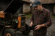 Fotorealistyczna scena z polskiego podwórka: rolnik trzyma otwarty pusty portfel i patrzy na niesprawny traktor Ursus C-360 z uniesioną maską. Tło stanowi stodoła i błotniste gospodarstwo. Obraz ilustruje realny problem braku środków na inwestycje wśród polskich rolników.