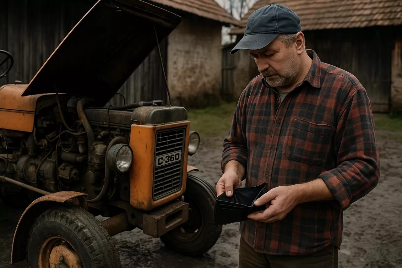 Fotorealistyczna scena z polskiego podwórka: rolnik trzyma otwarty pusty portfel i patrzy na niesprawny traktor Ursus C-360 z uniesioną maską. Tło stanowi stodoła i błotniste gospodarstwo. Obraz ilustruje realny problem braku środków na inwestycje wśród polskich rolników.