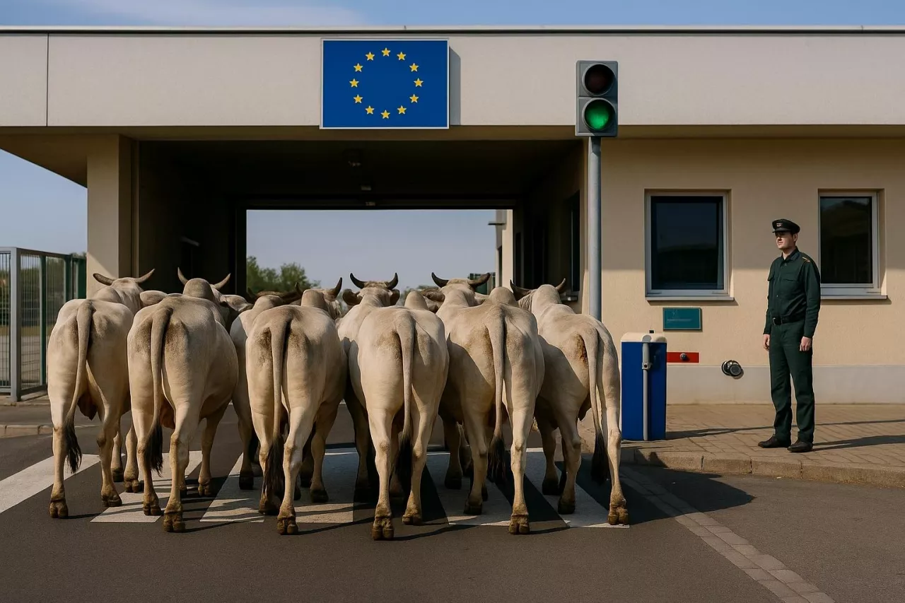 Fotorealistyczna ilustracja przedstawia stado krów rasy zebu przechodzące przez europejskie przejście graniczne pod logo UE, symbolizując import produktów rolnych w ramach umowy handlowej UE–Mercosur.