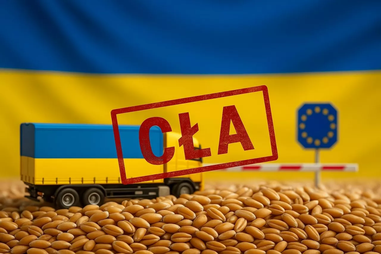 Fotorealistyczna ilustracja przedstawiająca zboże oznaczone pieczątką ”cła”, z flagą Ukrainy w tle. Symbolizuje powrót barier handlowych w eksporcie rolnym do Unii Europejskiej.