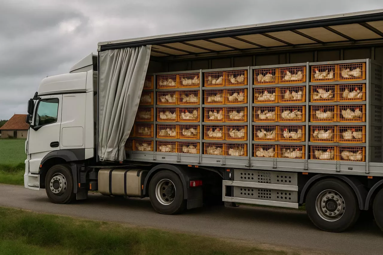 Fotorealistyczna wizualizacja przedstawiająca nowoczesną ciężarówkę transportującą drób. Naczepa typu firanka z częściowo zsuniętą plandeką ukazuje rzędy plastikowych skrzynek z kurami. Scena na tle wiejskiego krajobrazu w Europie. Grafika wygenerowana komputerowo jako ilustracja tekstu o unijnych przepisach dotyczących transportu zwierząt.