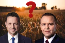 Grafika przedstawia Rafała Trzaskowskiego i Karola Nawrockiego na tle zbożowego pola o zachodzie słońca, z dużym czerwonym znakiem zapytania między nimi. Kompozycja nawiązuje do wyborczego dylematu polskich rolników przed nadchodzącym głosowaniem. Obraz wykorzystywany w kontekście sondy przeprowadzonej przez redakcję topagrar.pl.