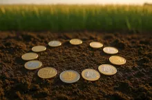 Fotorealistyczna ilustracja przedstawiająca dwanaście monet euro zawieszonych w powietrzu, ułożonych w okrąg symbolizujący flagę Unii Europejskiej. W tle widoczna zaorana ziemia i horyzont pola uprawnego.