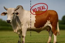 Fotorealistyczna grafika przedstawia krowę składającą się z dwóch połówek – brazylijskiego zebu i europejskiej simentalki. Zwierzę rozdziela przerywana linia z czerwonym stemplem ”NO DEAL”, symbolizującym blokadę porozumienia handlowego UE–Mercosur. Obraz odnosi się do różnic w modelach produkcji i barierach protekcjonistycznych.