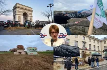 Francuska minister rolnictwa Anne Genevard na tle protestów rolników przeciwko umowie UE–Mercosur. Kolaż przedstawia skalę gniewu społecznego we Francji oraz symbolicznie wskazuje na rolę Polski, której logo prezydencji UE znajduje się w tle.